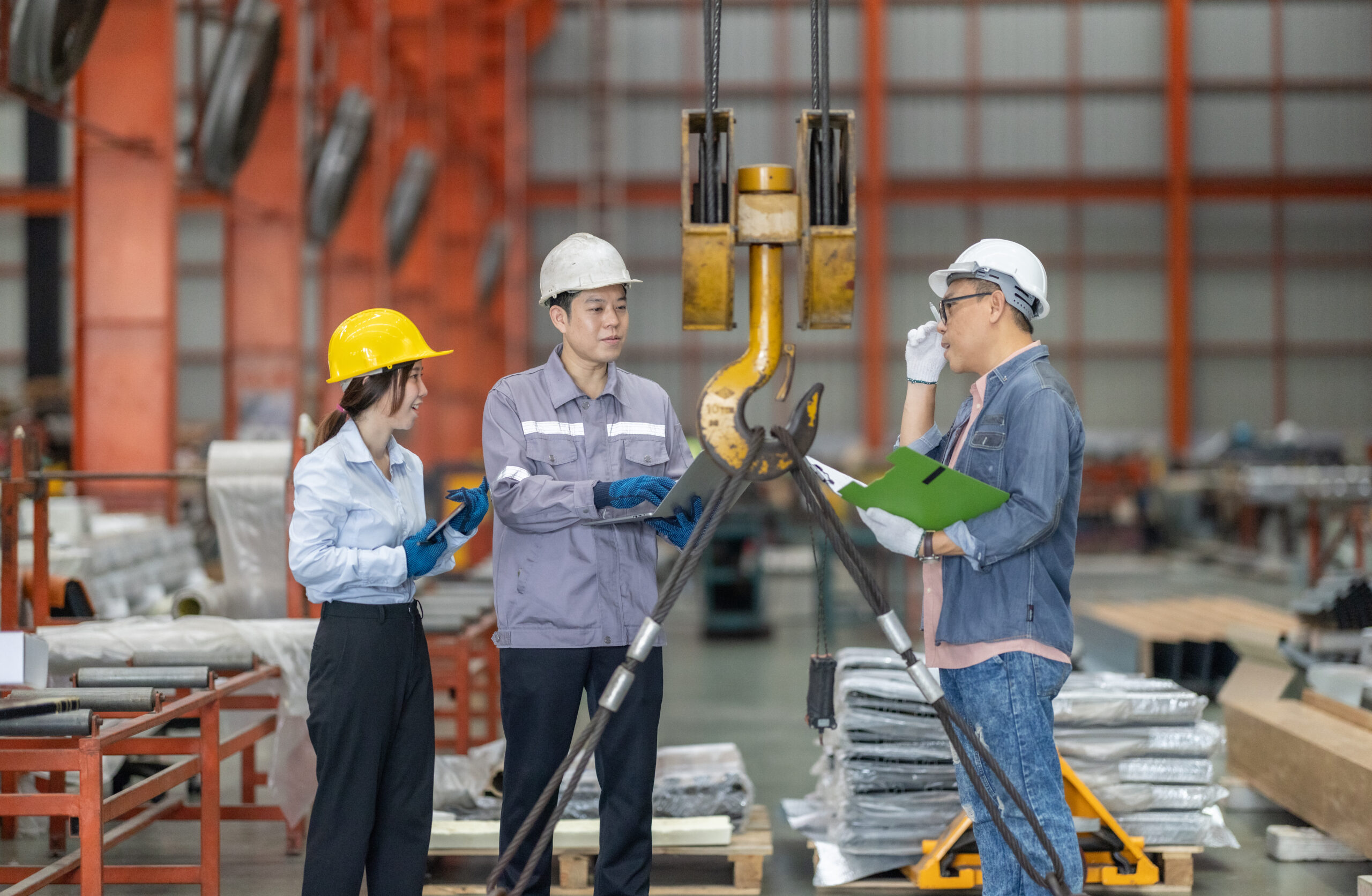 Business team safety inspection at metal factory